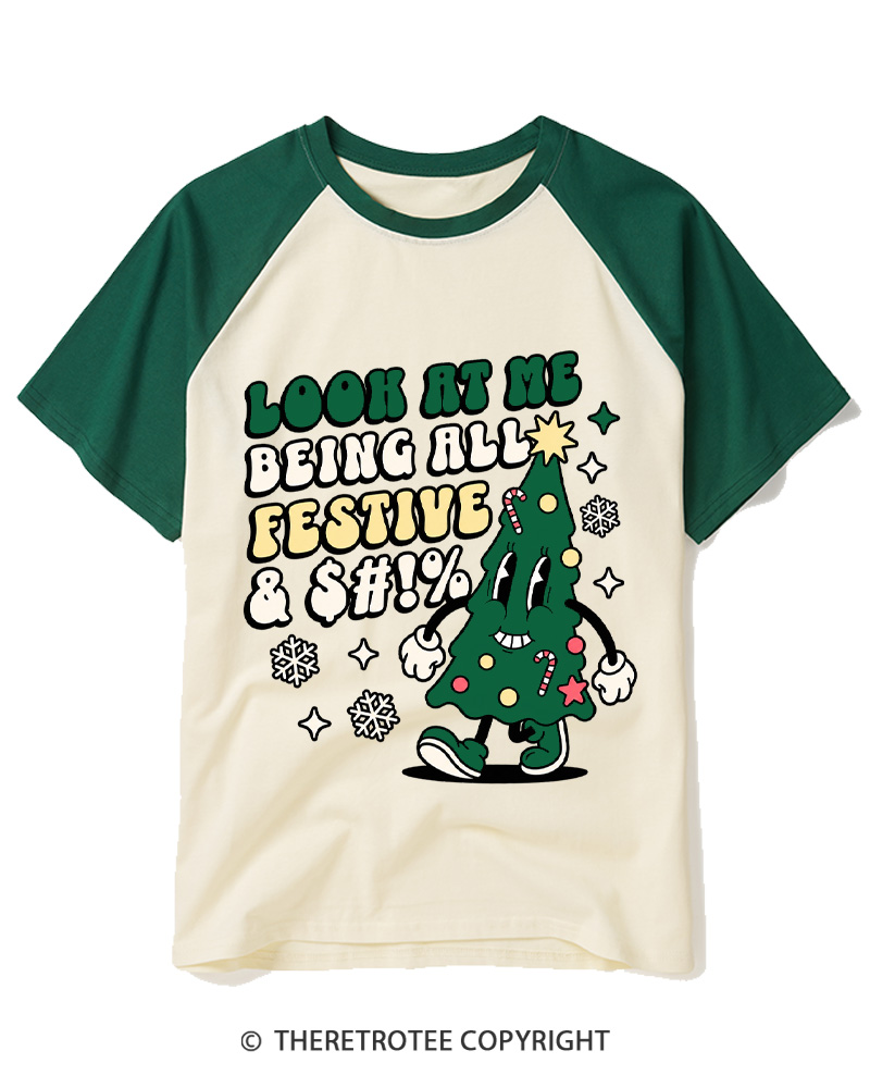 TheRetroTee Look At Me Being All Festive 1970s Raglan Baseball T-Shirt