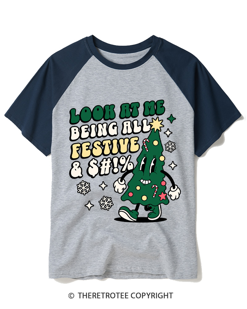 TheRetroTee Look At Me Being All Festive 1970s Raglan Baseball T-Shirt