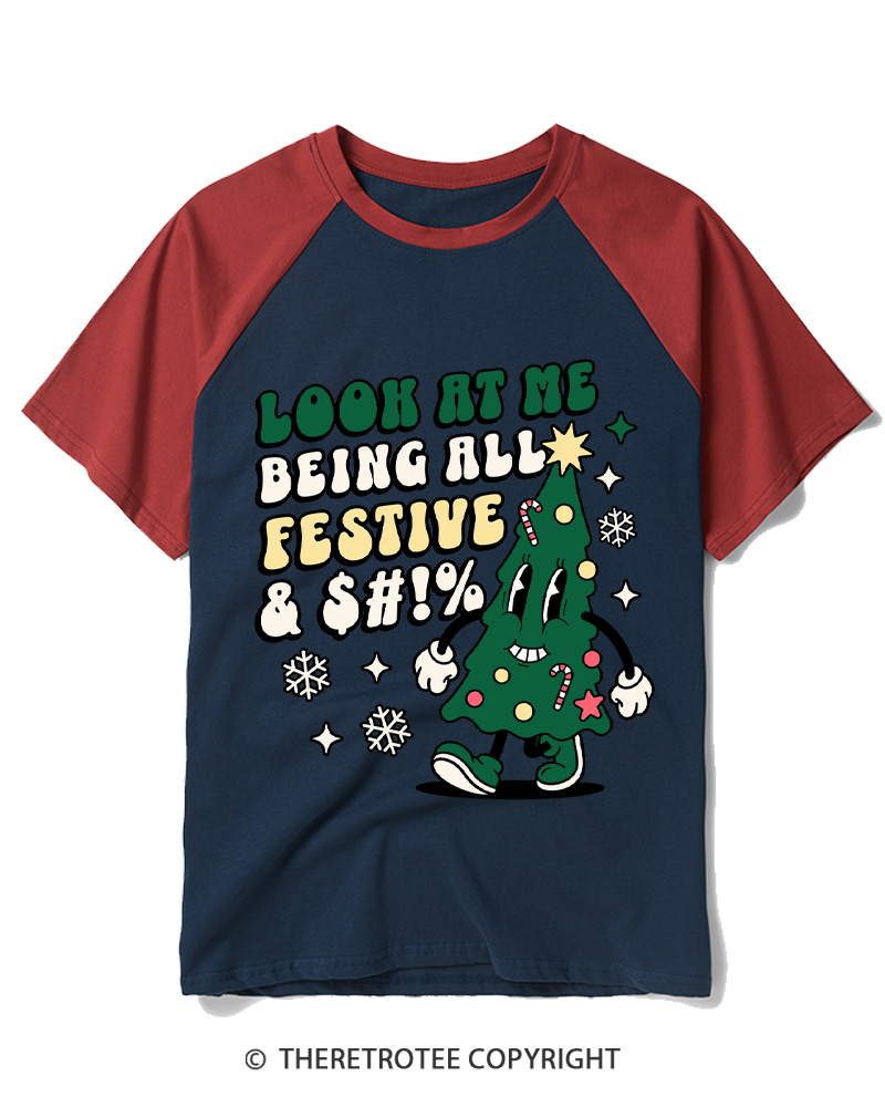 TheRetroTee Look At Me Being All Festive 1970s Raglan Baseball T-Shirt