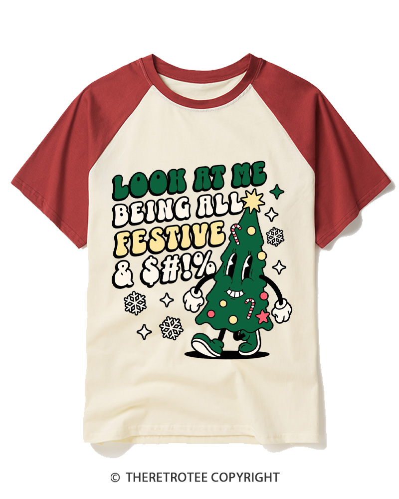TheRetroTee Look At Me Being All Festive 1970s Raglan Baseball T-Shirt