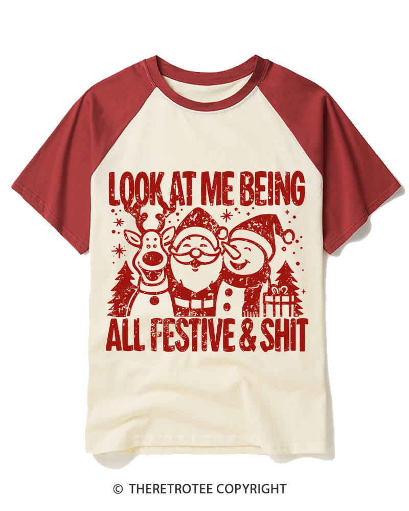 TheRetroTee Look At Me Being All Festive Vintage Raglan Baseball T-Shirt