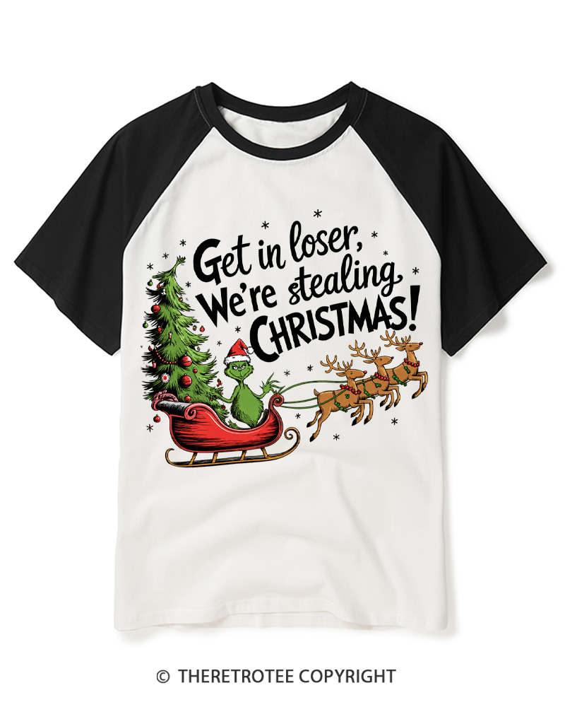 TheRetroTee Get in Loser We’re Stealing Christmas 1980s Raglan Baseball T-Shirt
