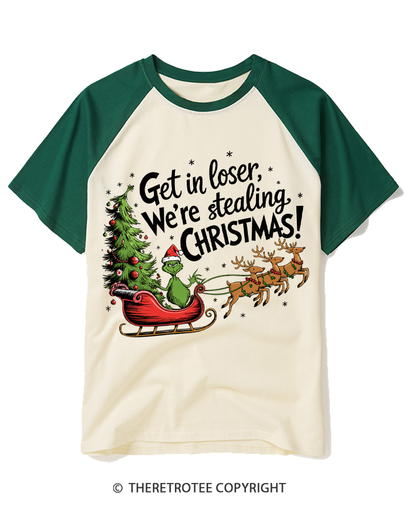 TheRetroTee Get in Loser We’re Stealing Christmas 1980s Raglan Baseball T-Shirt