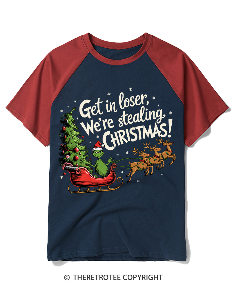 TheRetroTee Get in Loser We’re Stealing Christmas 1980s Raglan Baseball T-Shirt