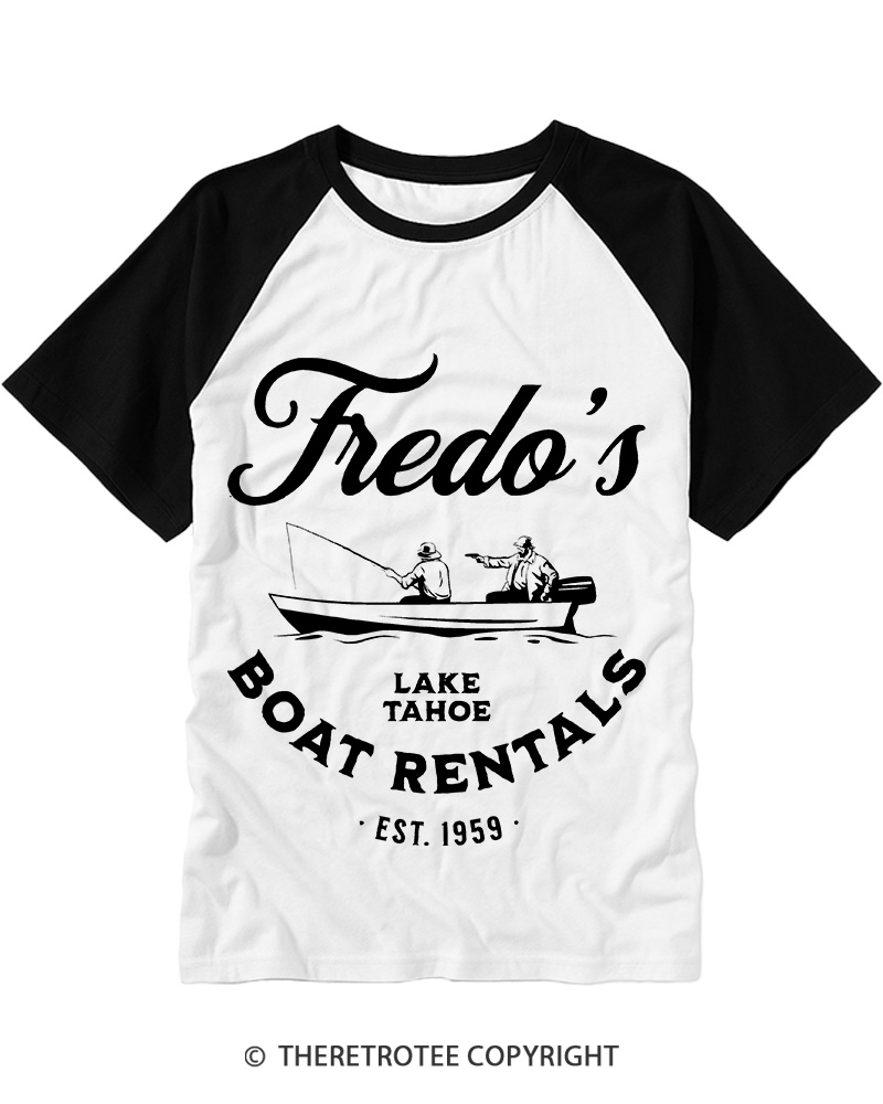TheRetroTee Fredo's Lake Tahoe Boat Rentals 1959 Raglan Baseball T-Shirt