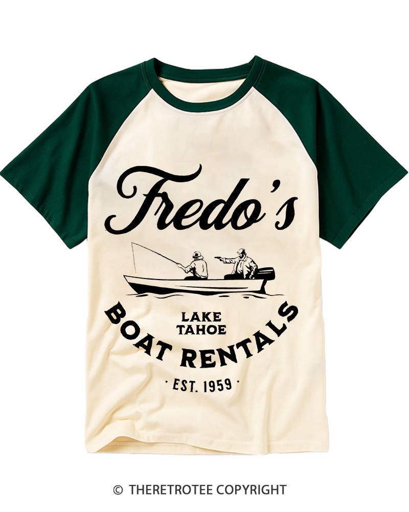 TheRetroTee Fredo's Lake Tahoe Boat Rentals 1959 Raglan Baseball T-Shirt