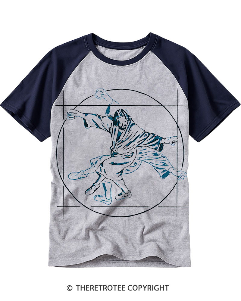 TheRetroTee Vitruvian Dude Blue Big Lebowski The Dude Tai Chi Raglan Baseball T-Shirt