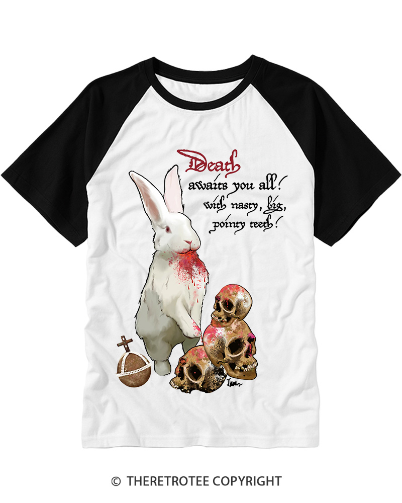 TheRetroTee Killer Rabbit of Caerbannog 1975 Raglan Baseball T-Shirt