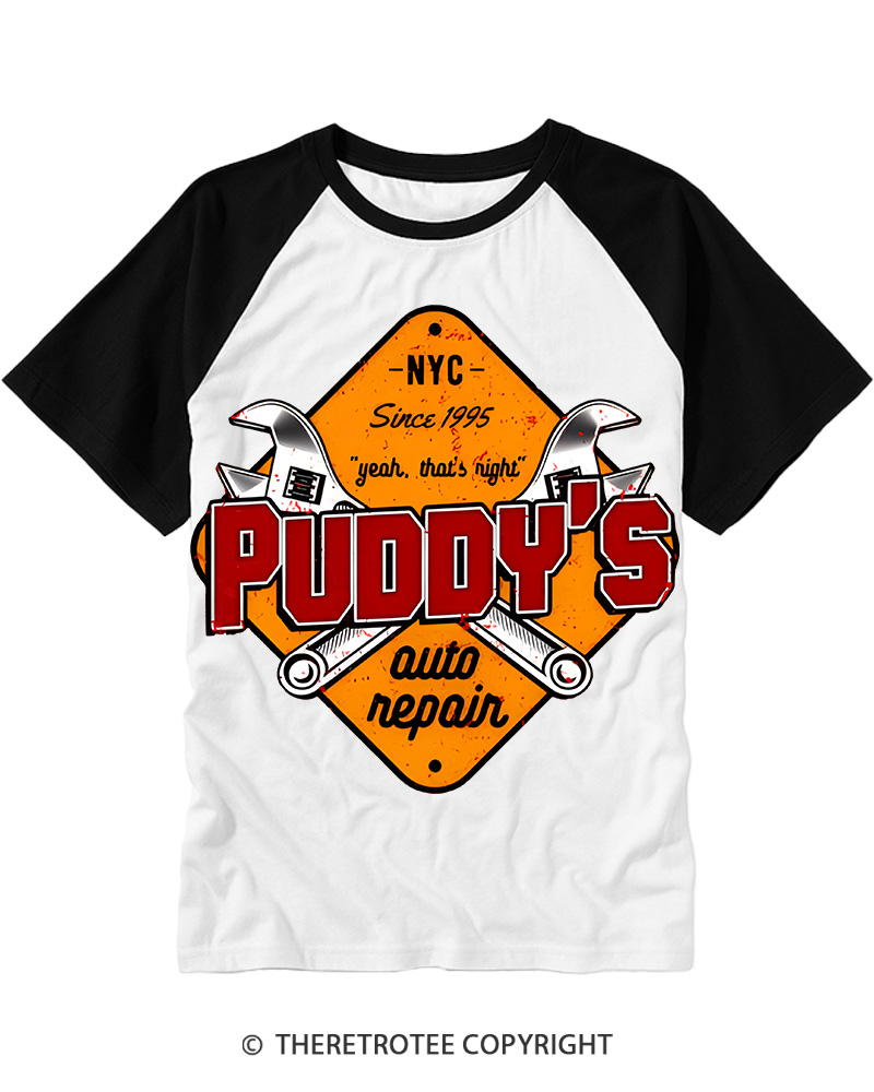 TheRetroTee Puddy's Auto Repair 1996 Raglan Baseball T-Shirt