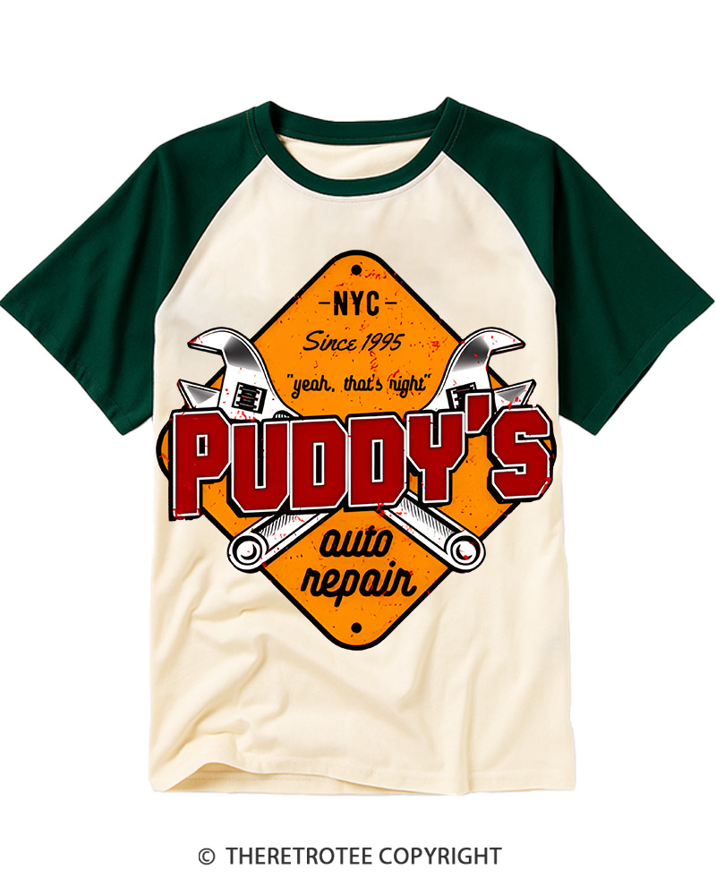 TheRetroTee Puddy's Auto Repair 1996 Raglan Baseball T-Shirt