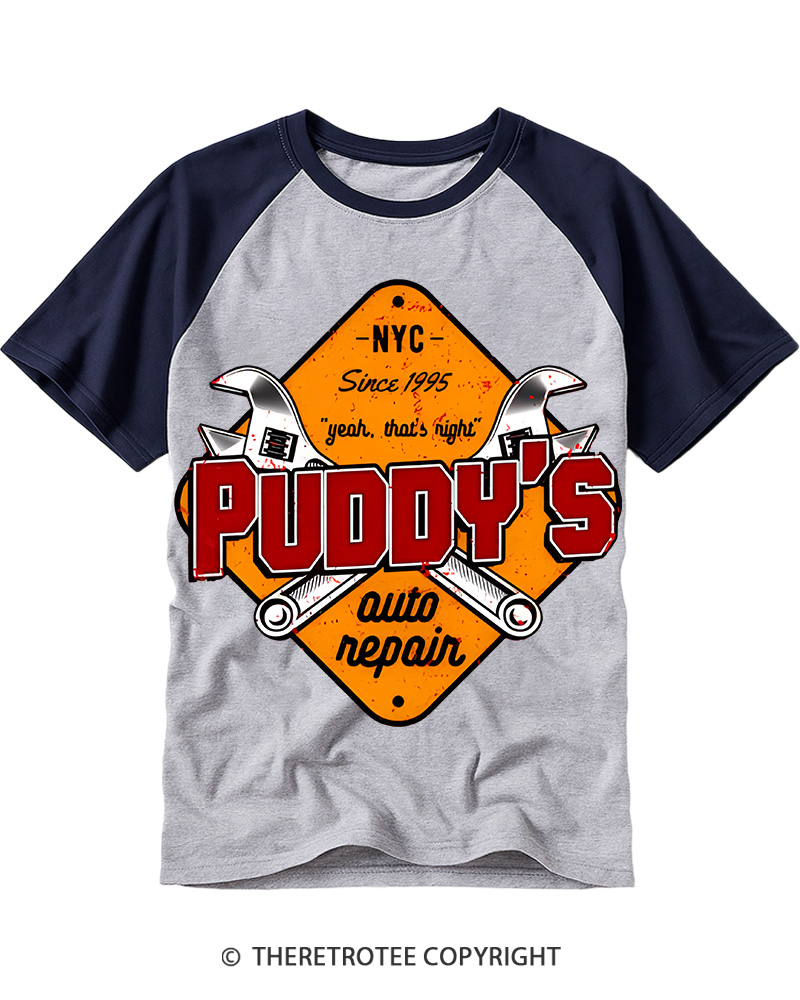 TheRetroTee Puddy's Auto Repair 1996 Raglan Baseball T-Shirt
