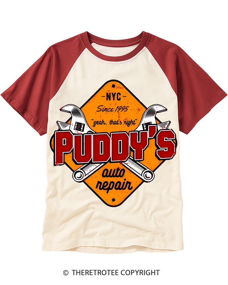 TheRetroTee Puddy's Auto Repair 1996 Raglan Baseball T-Shirt