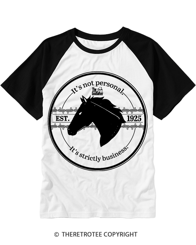 TheRetroTee It's Strictly Business Horse Head Crest 1970s Raglan Baseball T-Shirt
