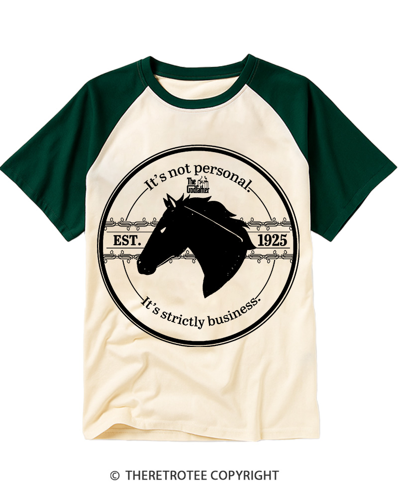 TheRetroTee It's Strictly Business Horse Head Crest 1970s Raglan Baseball T-Shirt