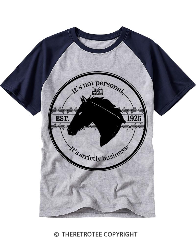TheRetroTee It's Strictly Business Horse Head Crest 1970s Raglan Baseball T-Shirt
