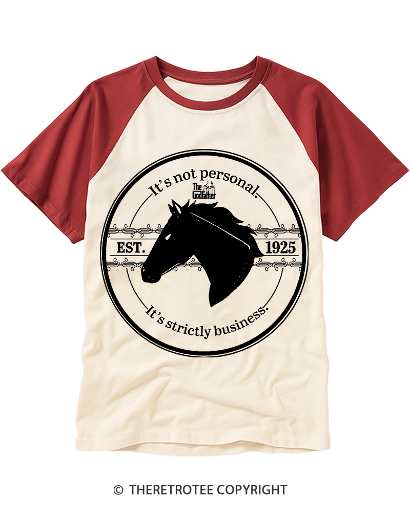 TheRetroTee It's Strictly Business Horse Head Crest 1970s Raglan Baseball T-Shirt