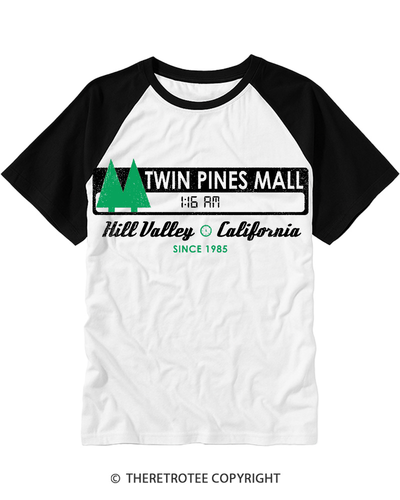TheRetroTee Twin Pines mall Sign Worn 1980s Raglan Baseball T-Shirt