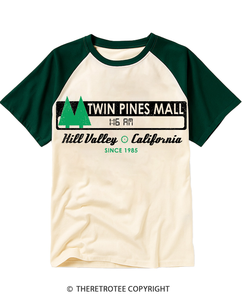 TheRetroTee Twin Pines mall Sign Worn 1980s Raglan Baseball T-Shirt