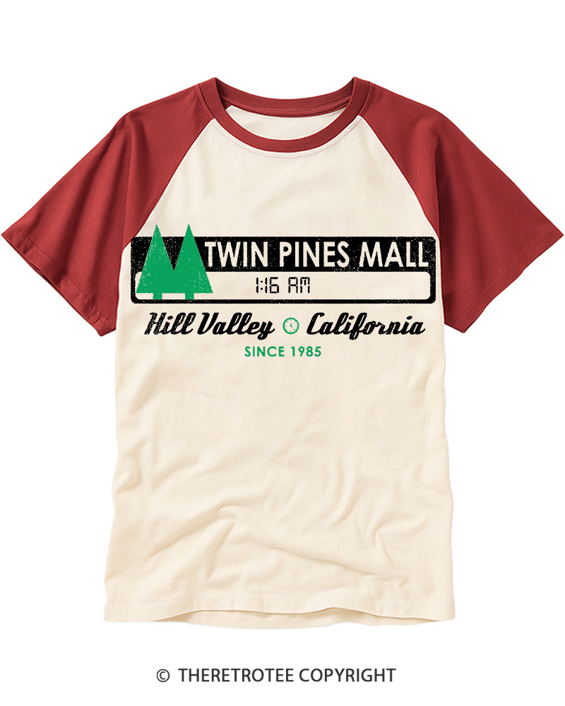 TheRetroTee Twin Pines mall Sign Worn 1980s Raglan Baseball T-Shirt