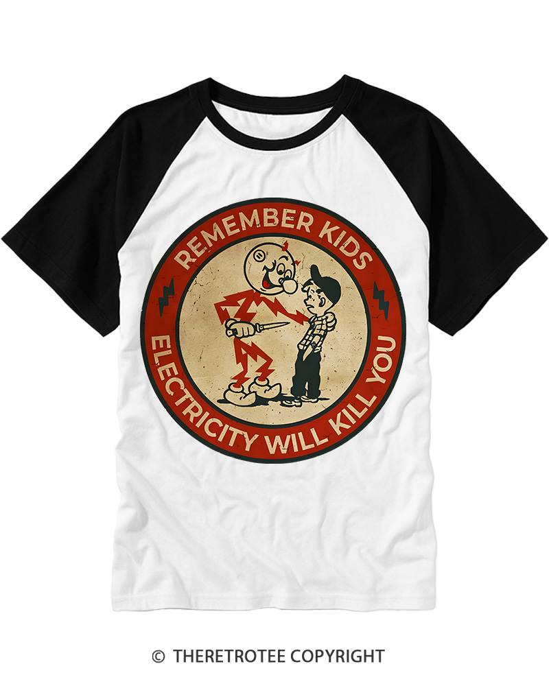 TheRetroTee Electricity Will Kill You Kids 1955 Raglan Baseball T-Shirt