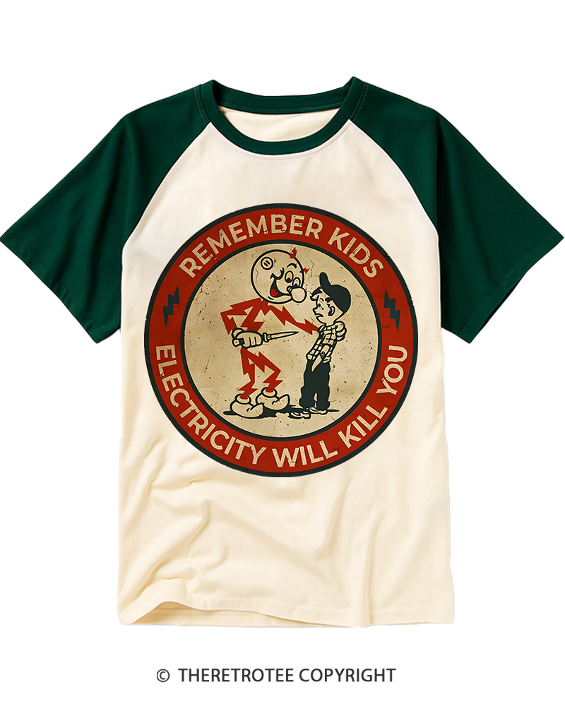 TheRetroTee Electricity Will Kill You Kids 1955 Raglan Baseball T-Shirt