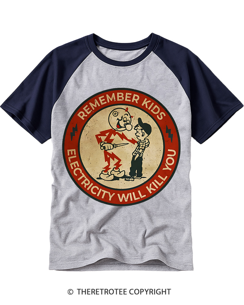 TheRetroTee Electricity Will Kill You Kids 1955 Raglan Baseball T-Shirt