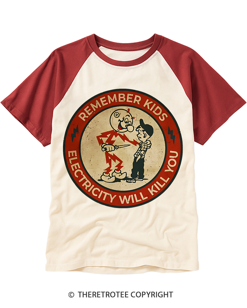 TheRetroTee Electricity Will Kill You Kids 1955 Raglan Baseball T-Shirt