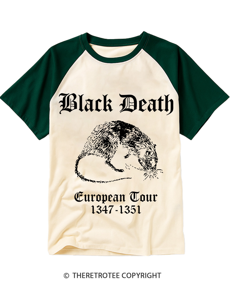 TheRetroTee Black Death European Tour Gothic Horror Raglan Baseball T-Shirt