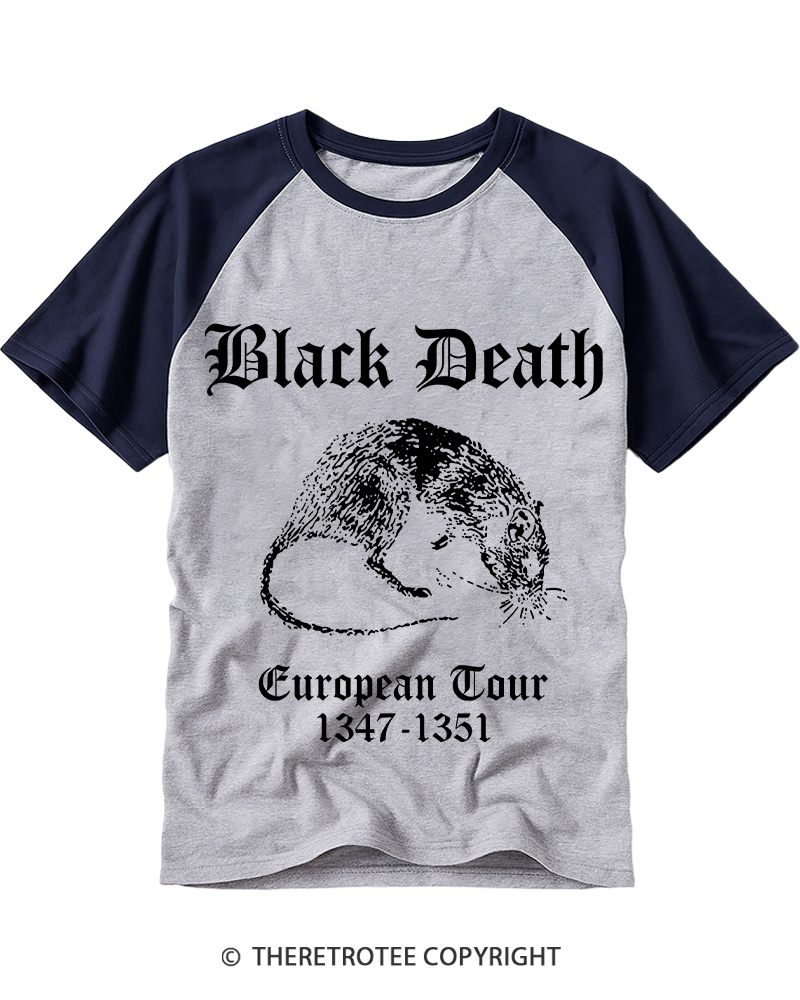 TheRetroTee Black Death European Tour Gothic Horror Raglan Baseball T-Shirt