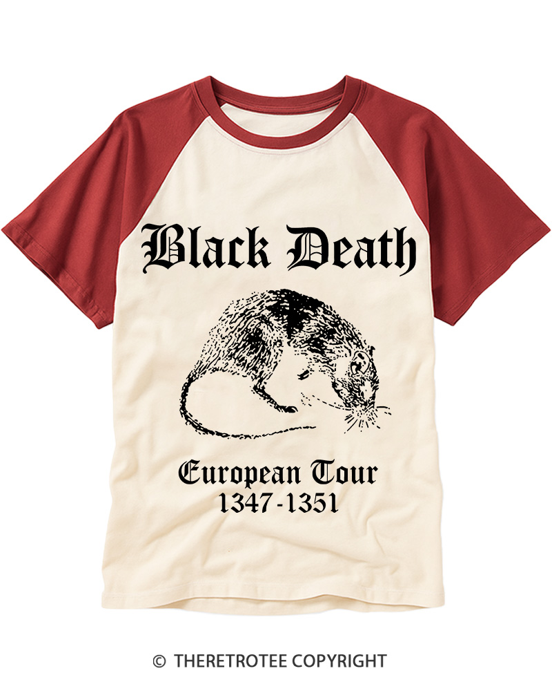 TheRetroTee Black Death European Tour Gothic Horror Raglan Baseball T-Shirt