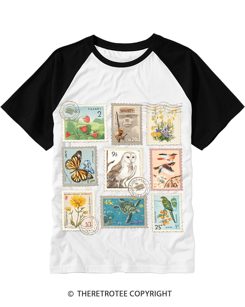 TheRetroTee Wildlife & Botanical Stamp Collage 1940s Raglan Baseball T-Shirt