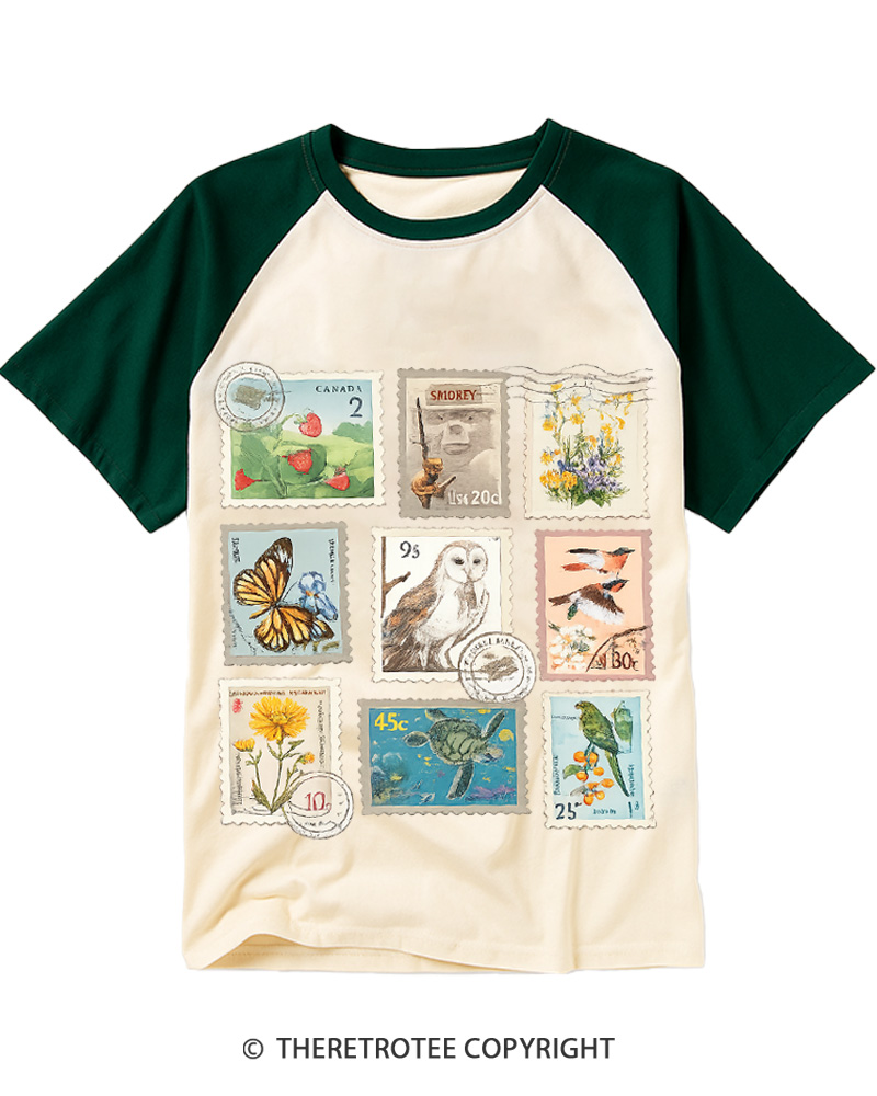 TheRetroTee Wildlife & Botanical Stamp Collage 1940s Raglan Baseball T-Shirt