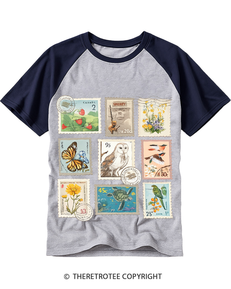 TheRetroTee Wildlife & Botanical Stamp Collage 1940s Raglan Baseball T-Shirt