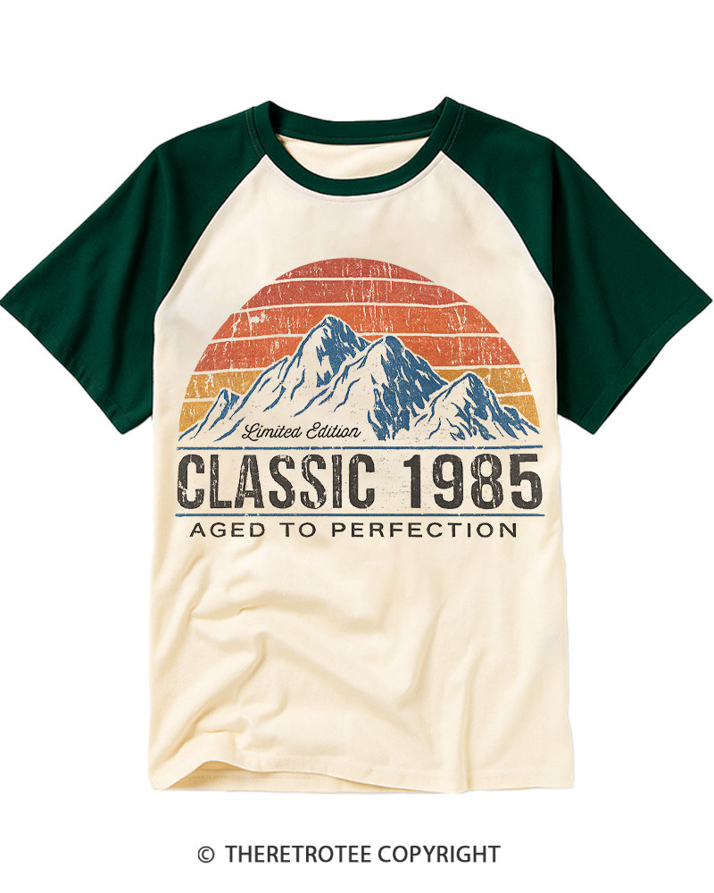 TheRetroTee 1985 Classic Mountain & Sunset Personalized Custom Year Raglan Baseball T-Shirt