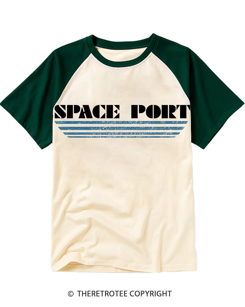 TheRetroTee Space Port 1980s Raglan Baseball T-Shirt