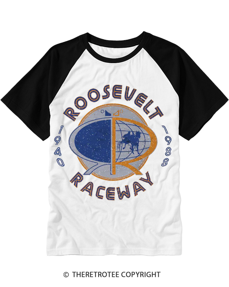 TheRetroTee Roosevelt Raceway 1980s Raglan Baseball T-Shirt