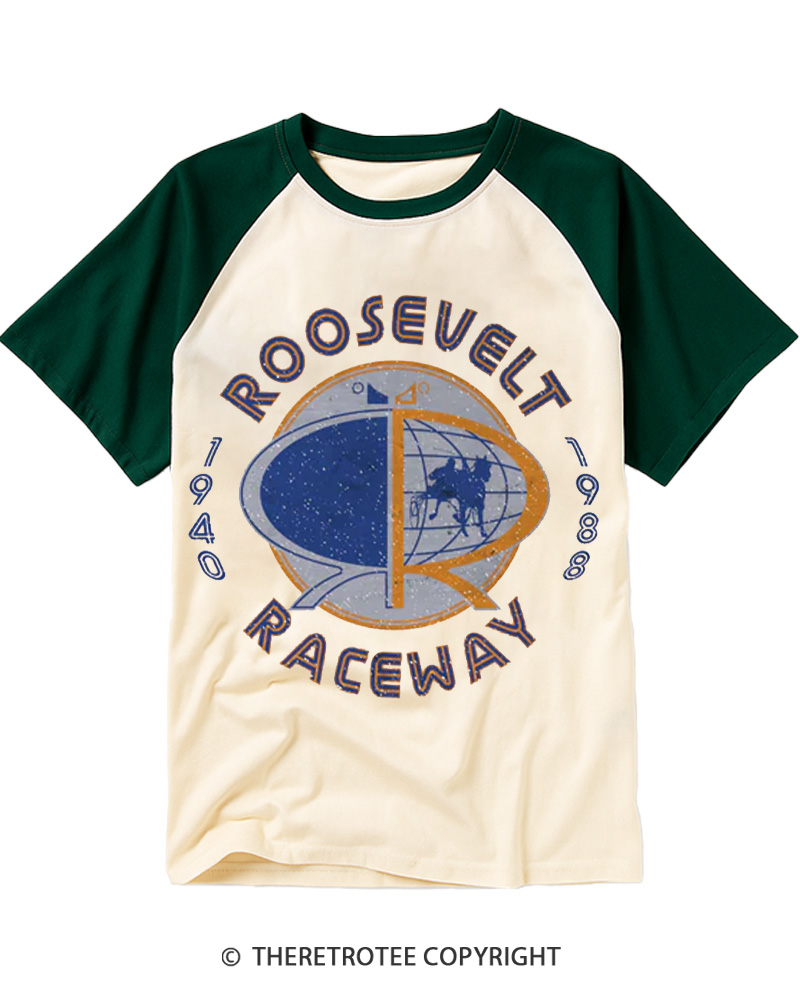 TheRetroTee Roosevelt Raceway 1980s Raglan Baseball T-Shirt
