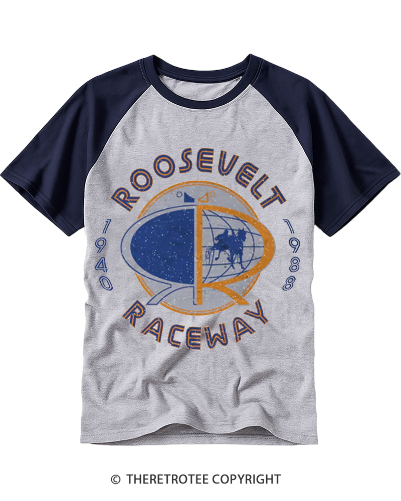 TheRetroTee Roosevelt Raceway 1980s Raglan Baseball T-Shirt