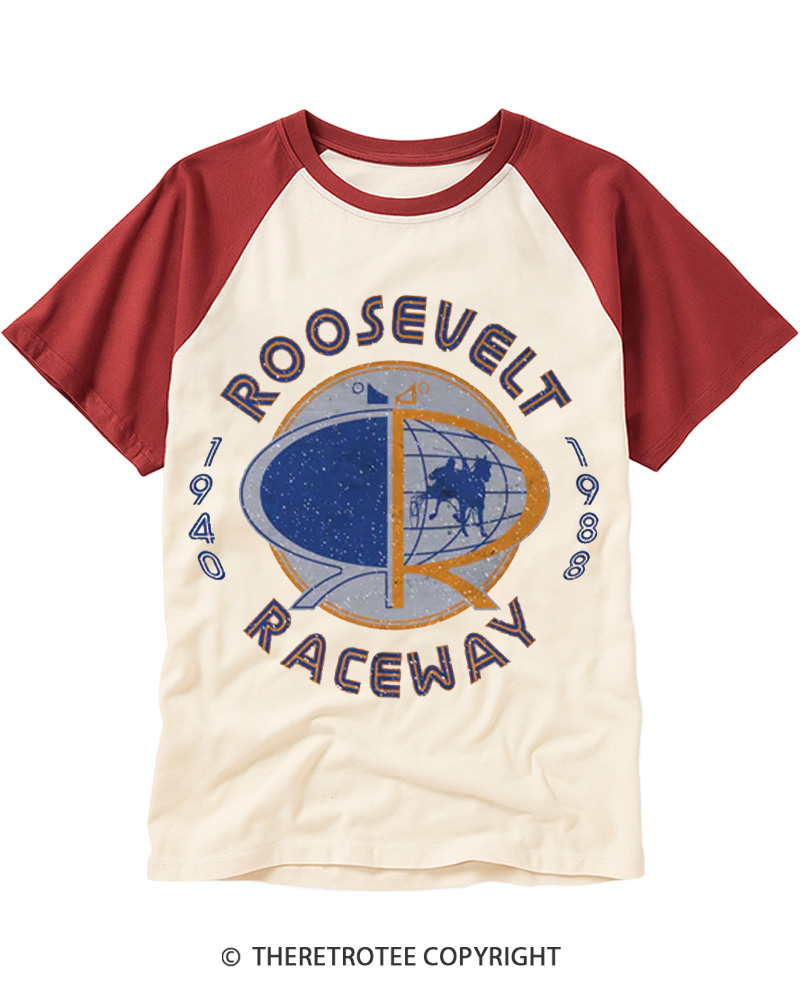 TheRetroTee Roosevelt Raceway 1980s Raglan Baseball T-Shirt