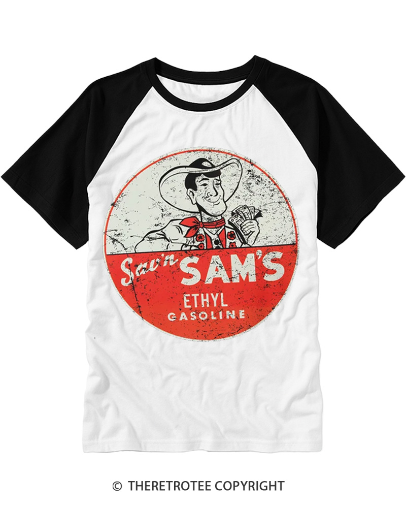 TheRetroTee Sav'n Sam's Service Stations 1950s Raglan Baseball T-Shirt