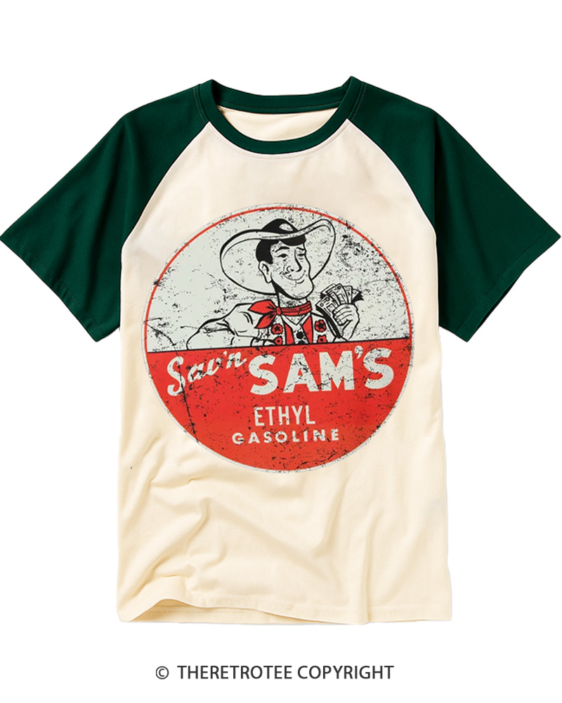 TheRetroTee Sav'n Sam's Service Stations 1950s Raglan Baseball T-Shirt