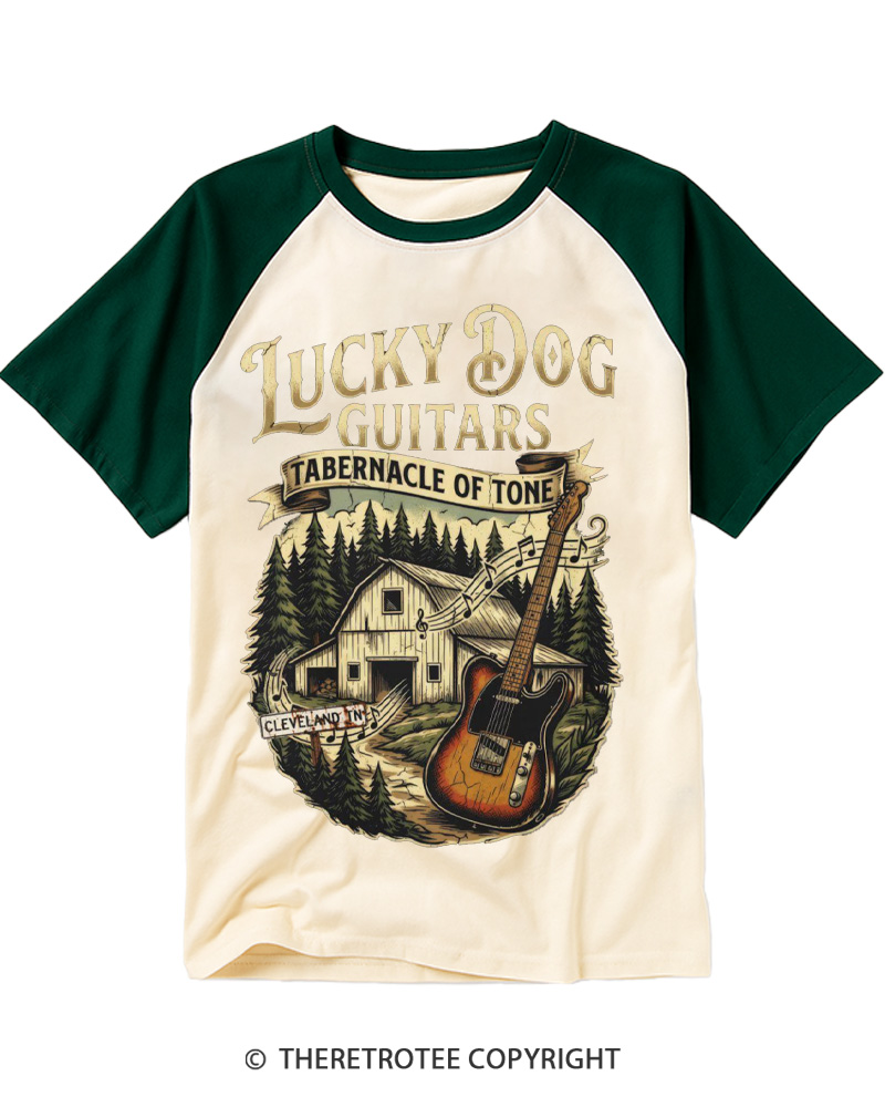 TheRetroTee Lucky Dog Guitars Raglan Baseball T-Shirt