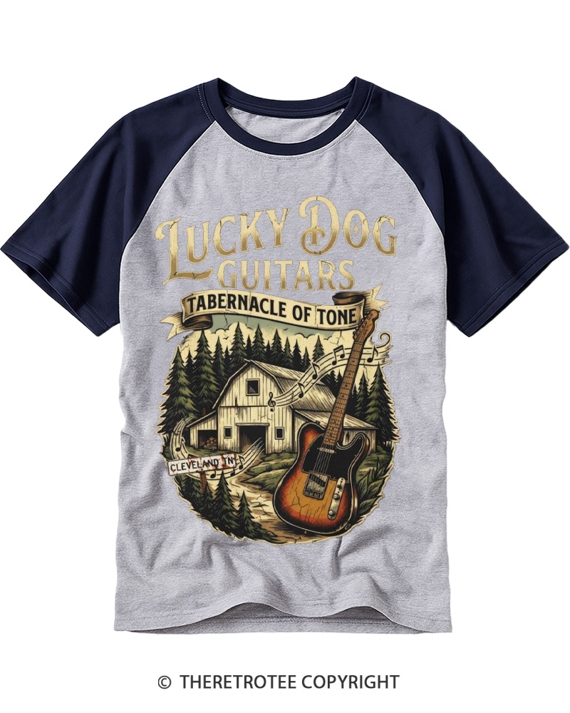 TheRetroTee Lucky Dog Guitars Raglan Baseball T-Shirt