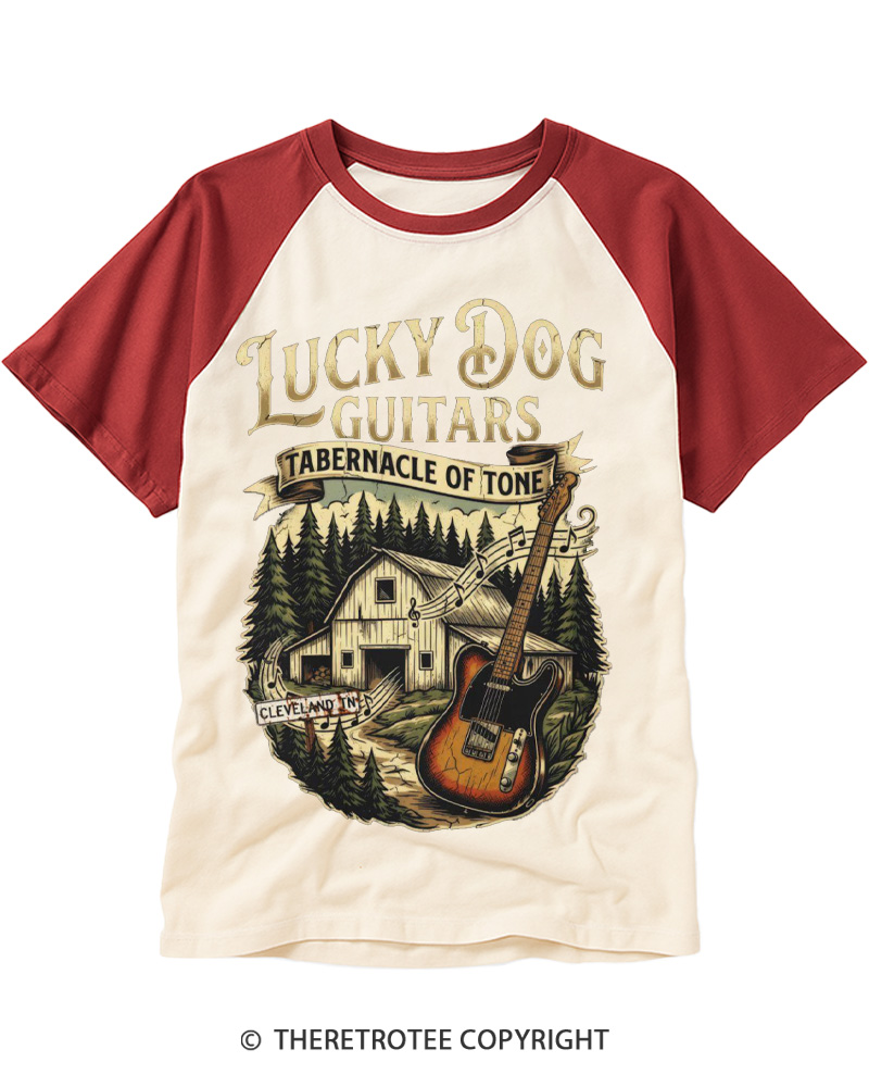 TheRetroTee Lucky Dog Guitars Raglan Baseball T-Shirt