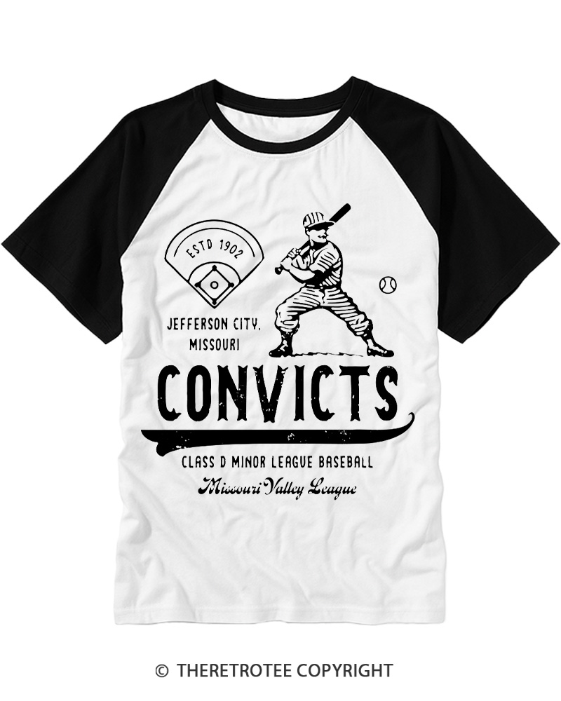 TheRetroTee 1900s River Valley Convicts Retro Raglan Baseball T-Shirt