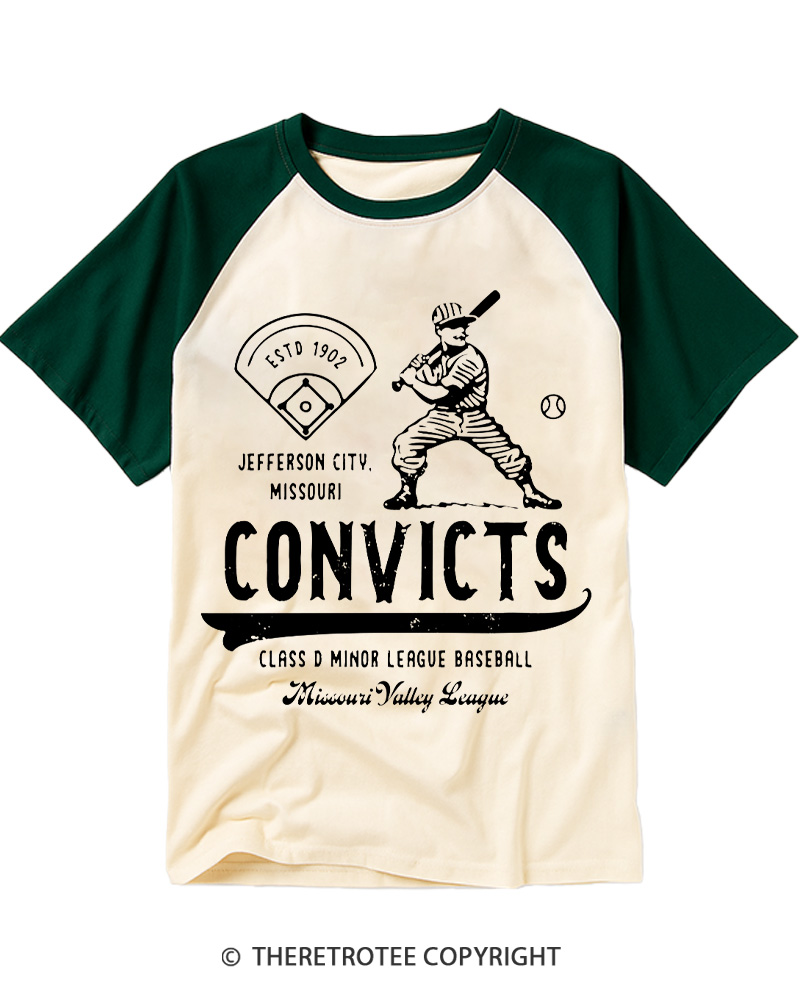 TheRetroTee 1900s River Valley Convicts Retro Raglan Baseball T-Shirt