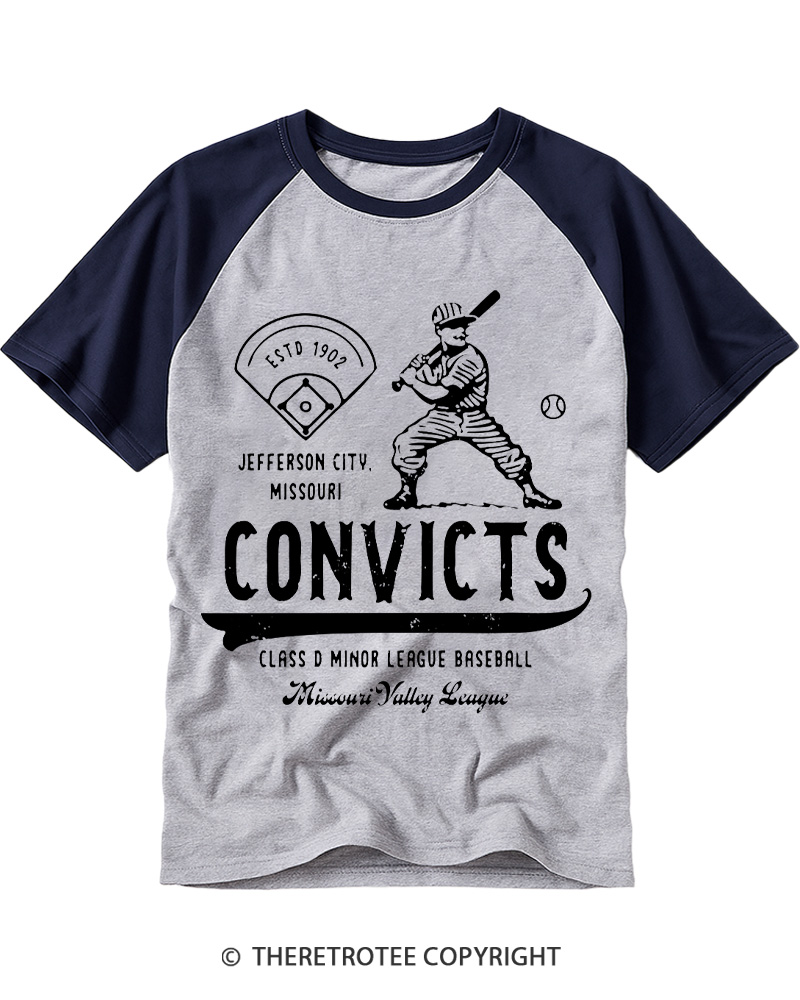 TheRetroTee 1900s River Valley Convicts Retro Raglan Baseball T-Shirt