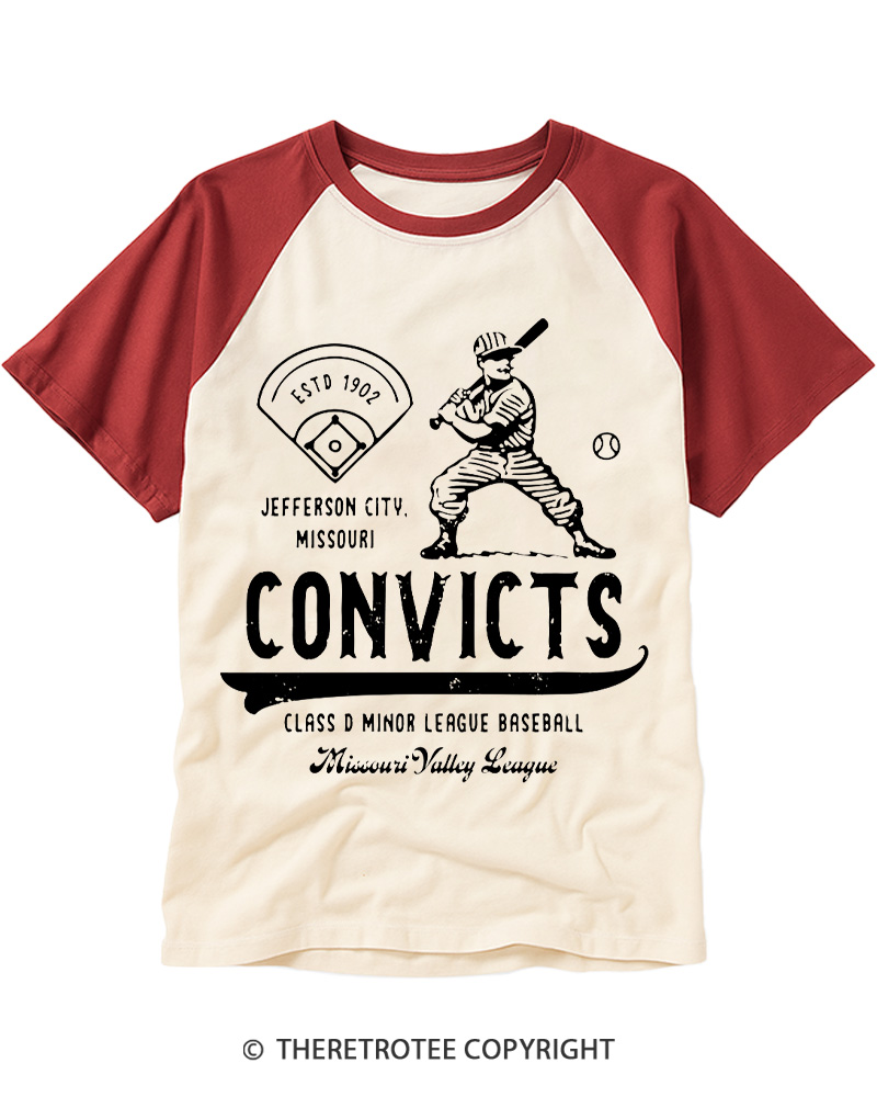TheRetroTee 1900s River Valley Convicts Retro Raglan Baseball T-Shirt