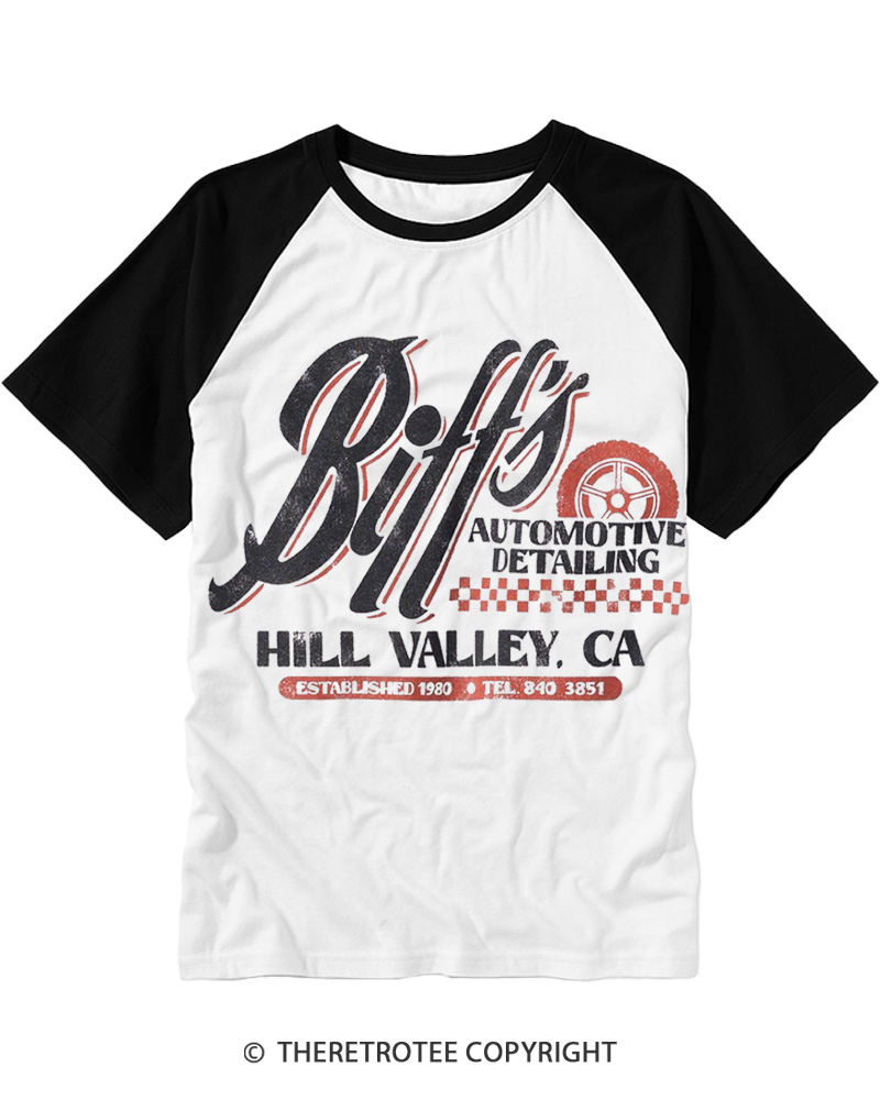 TheRetroTee Biff's Automotive Detailing 1980s Raglan Baseball T-Shirt