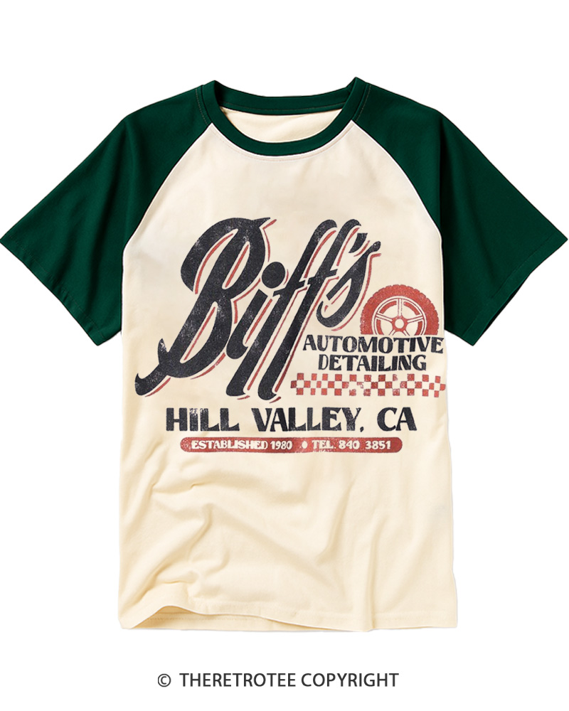 TheRetroTee Biff's Automotive Detailing 1980s Raglan Baseball T-Shirt